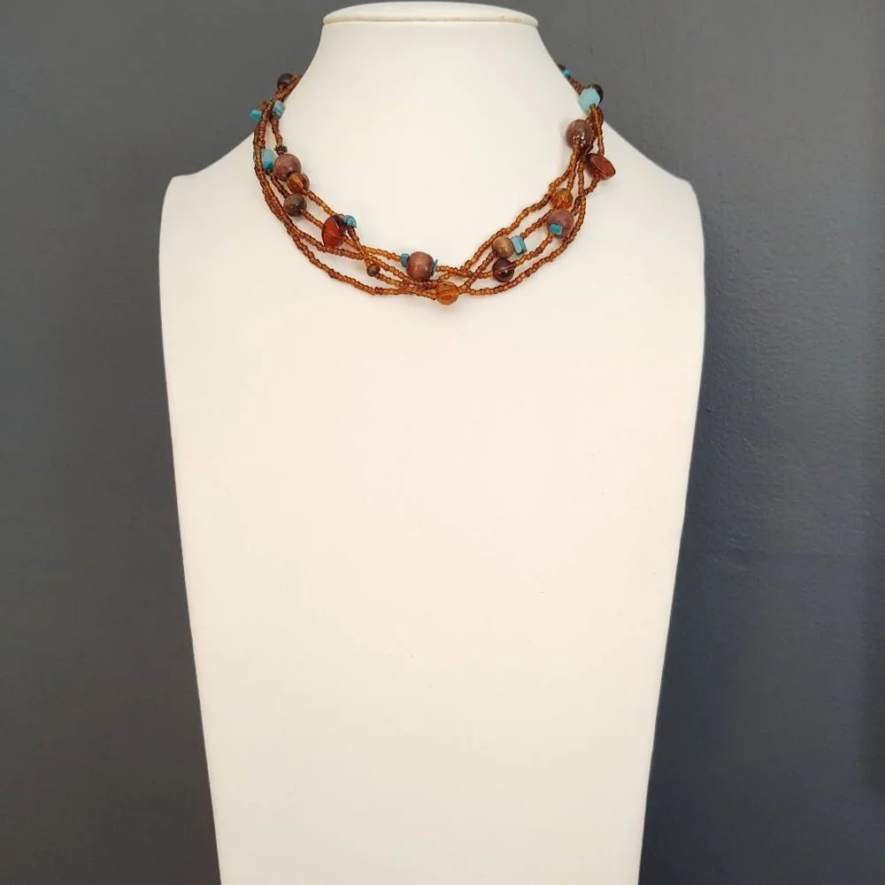 Amber and blue tones-seed bead and wood bead multi strand necklace